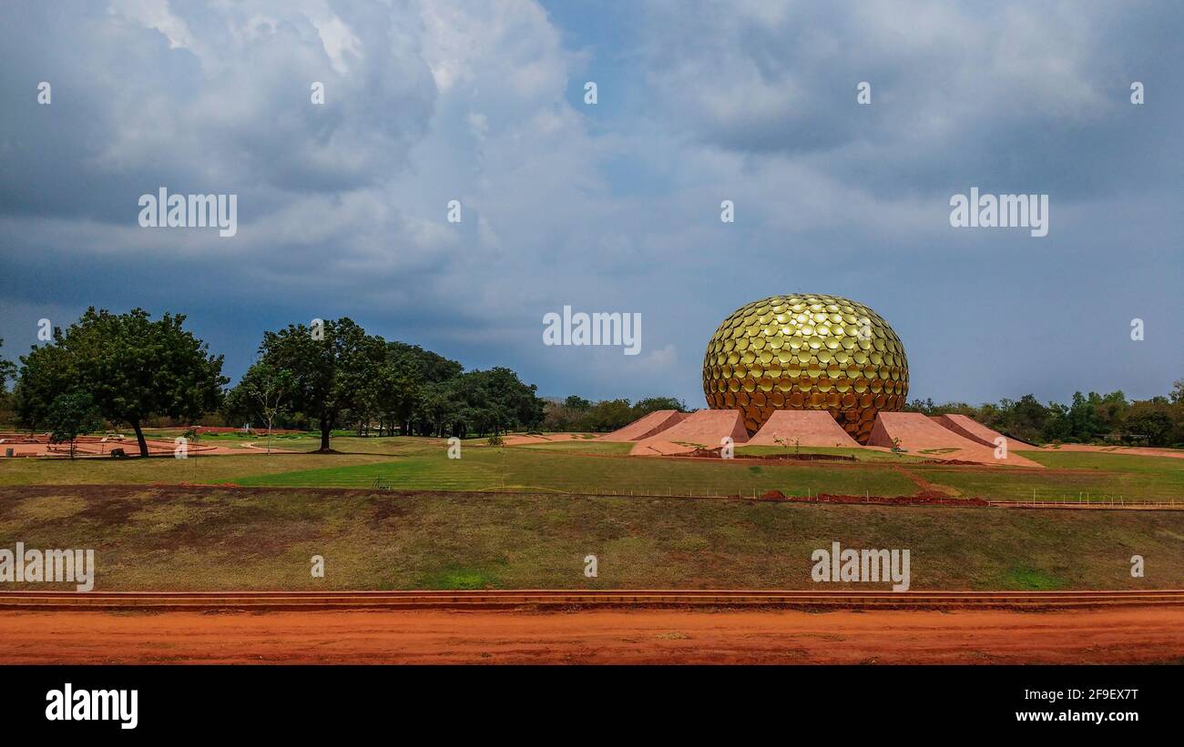 The beautiful view of Matri Mandir in Auroville, near Pondicherry in India Stock Photo