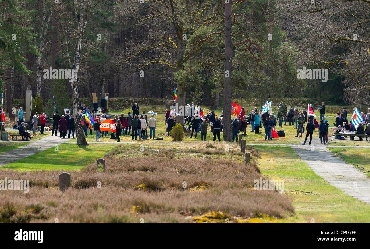 18 April 2021, Lower Saxony, Lohheide/Hörsten: People take part in a memorial service at the Soviet POW cemetery near Bergen-Belsen. The Association of Persecuted Nazis and the German Trade Union Confederation (DGB) commemorated the anniversary of the liberation of the Bergen-Belsen concentration camp. Photo: Philipp Schulze/dpa Stock Photo