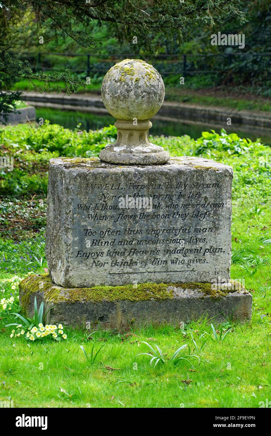 Poem on a monument  on a man made island in the New River at Amwell Stock Photo