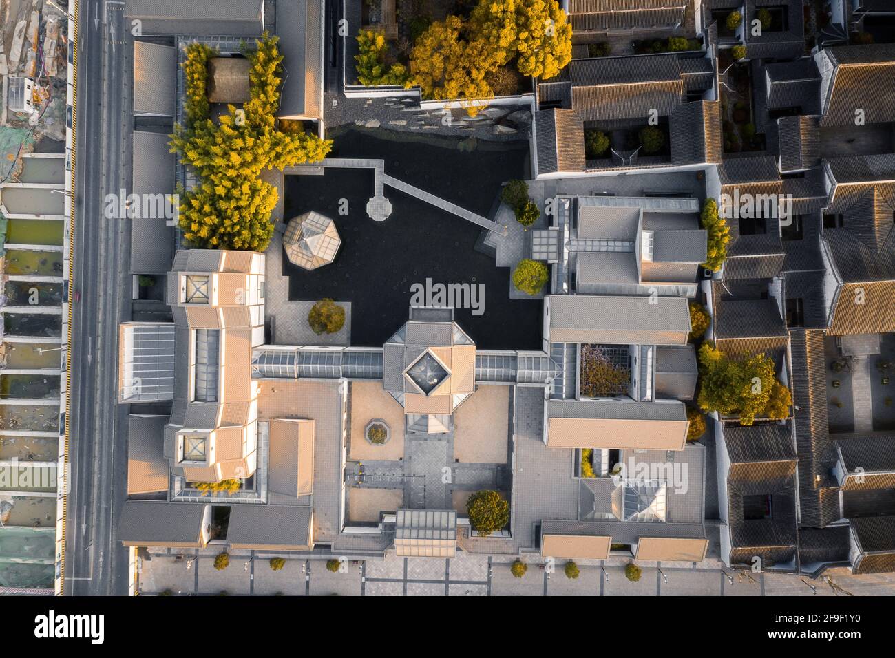 Aerial view of Suzhou Museum and the street in old city in Suzhou ...