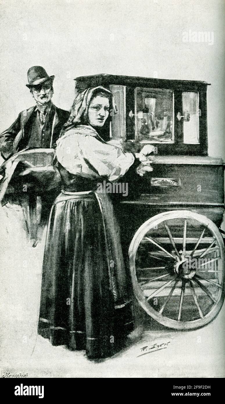 This 1895 illustration shows a piano organ-grinder. The organ grinder was a musical novelty street performer of the 19th century and the early part of the 20th century, and refers to the operator of a street or barrel organ. Stock Photo