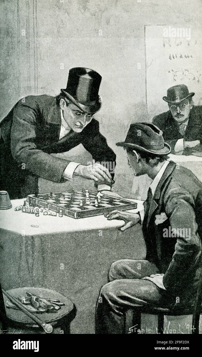 This 1895 illustration shows a scene from A Bid for Fortune by Guy Boothby, with caption: He half stood, half crouched over the board. Boothby was once well known for his series of novels about Doctor Nikola, an occultist anti-hero seeking immortality and world domination. The adventures of Nikola were launched with A Bid for Fortune. Guy Newell Boothby (1867 – 1905) was a prolific Australian novelist and writer, noted for sensational fiction in variety magazines around the end of the 19th century. He lived mainly in England. Stock Photo