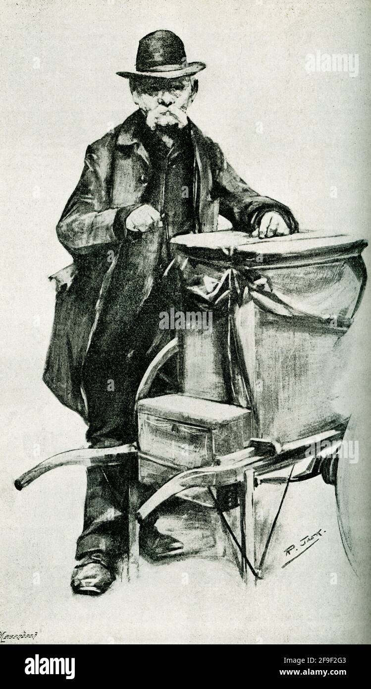 This 1895 illustration shows an old barrel-organ grinder. The organ grinder was a musical novelty street performer of the 19th century and the early part of the 20th century, and refers to the operator of a street or barrel organ. The illustrator was R Jack. Stock Photo
