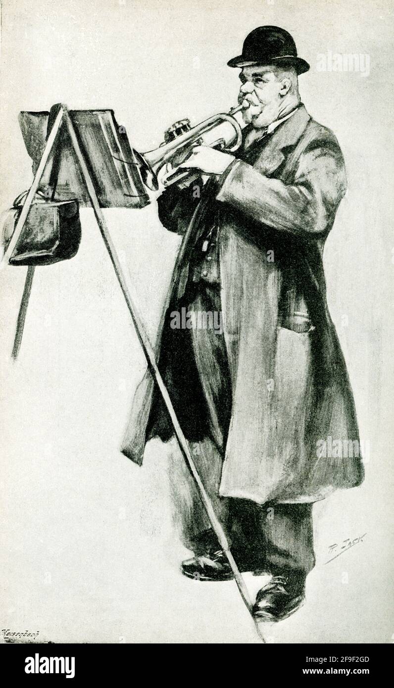 This 1895 illustration shows “A Melancholy Cornet Player.” Stock Photo