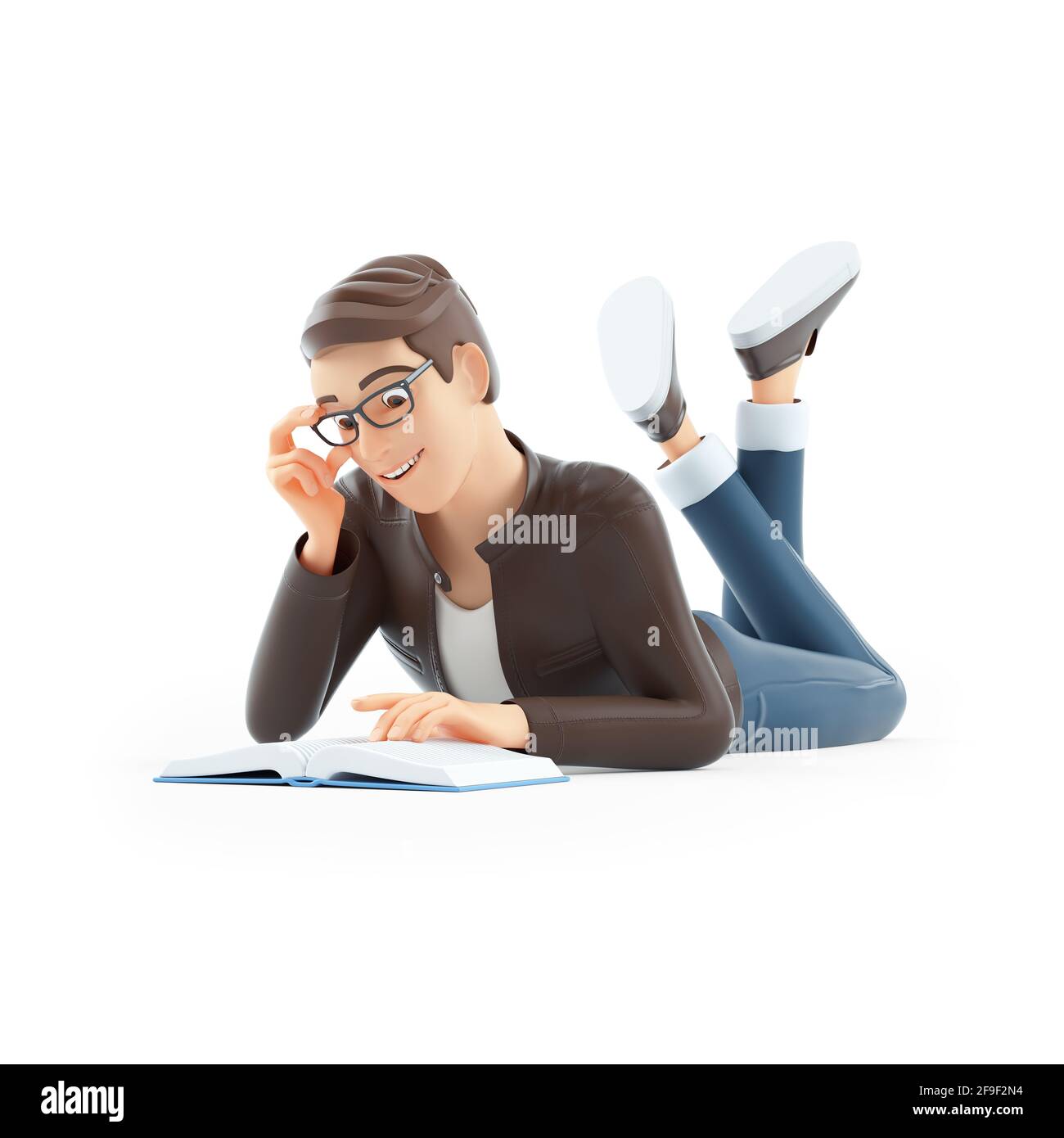 3d cartoon man reading book lying down on floor, illustration isolated