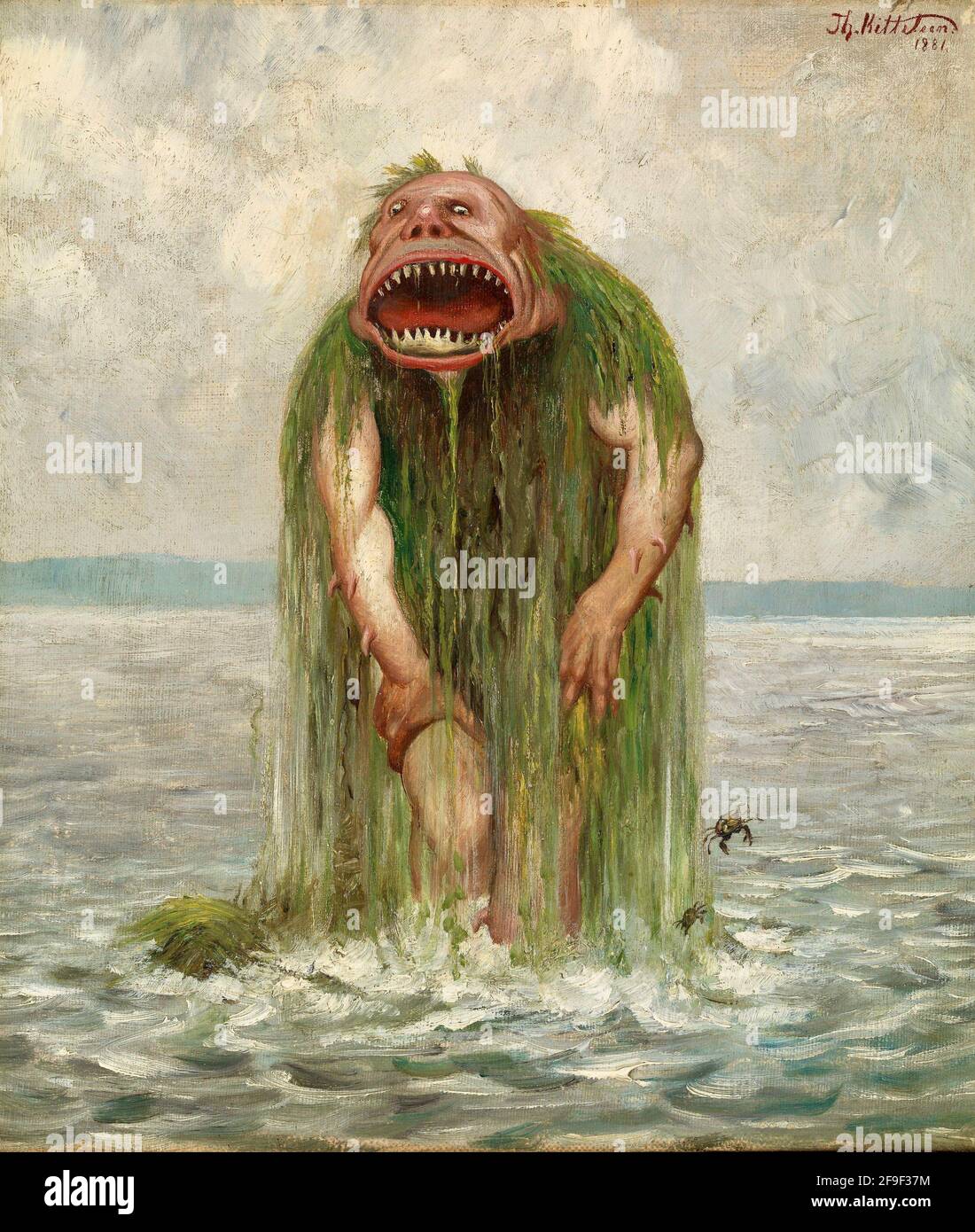 Theodor Kittelsen artwork entitled Sea Monster. Terrifying monster emerges from the sea. Scary. Stock Photo