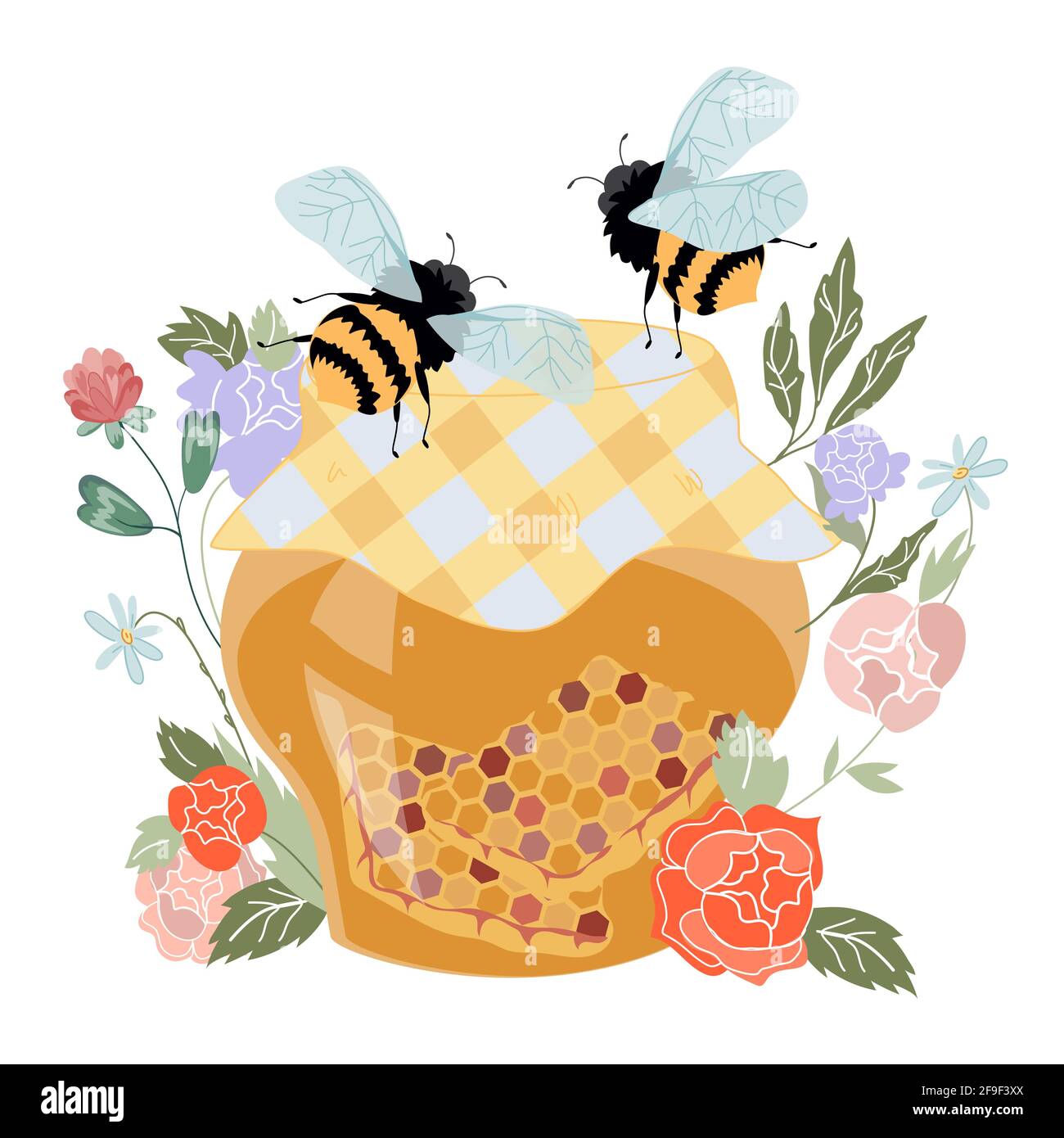 Jar of bee honey with flowers flat vector illustration isolated on