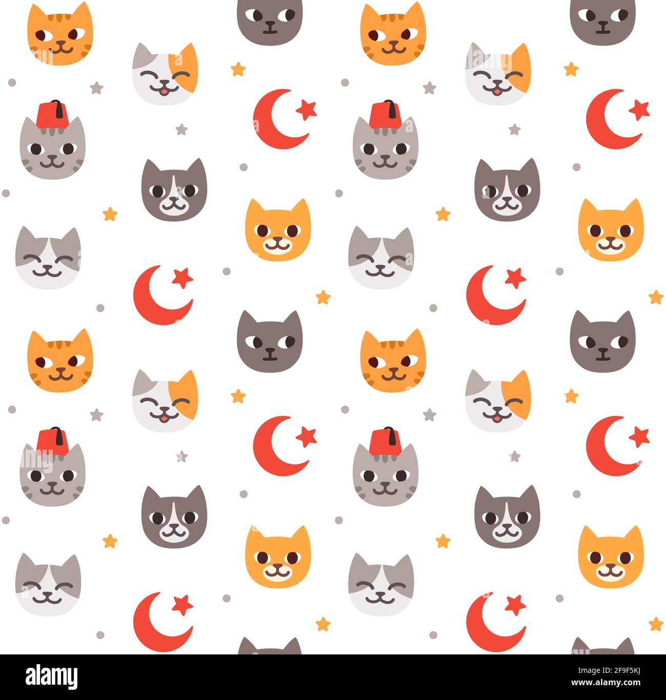 Seamless pattern of Turkish street cats and Turkey flag symbols. Cute cartoon background, vector illustration. Stock Vector