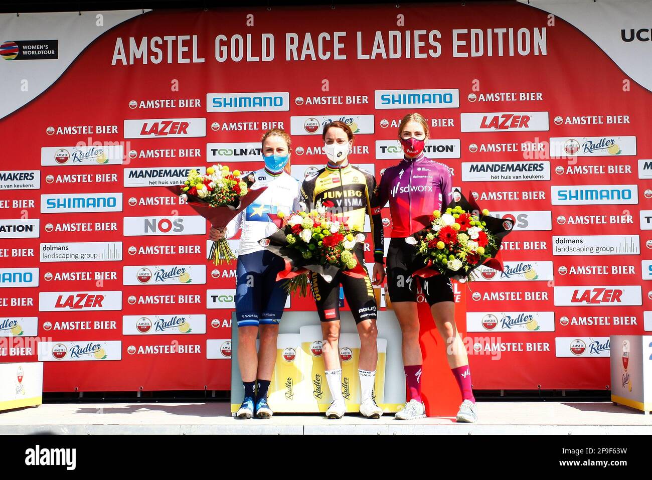 BERG EN TERBLIJT, NETHERLANDS - APRIL 18: Annemiek van Vleuten of Team Movistar, Marianne Vos of Team Jumbo Visma and The Netherlands, Demi Vollering of Team SD Worx during the Amstel Gold Race - Women's Elite on April 18, 2021 in Berg en Terblijt, Netherlands (Photo by (Photo by Sportfoto/Orange Pictures) Stock Photo