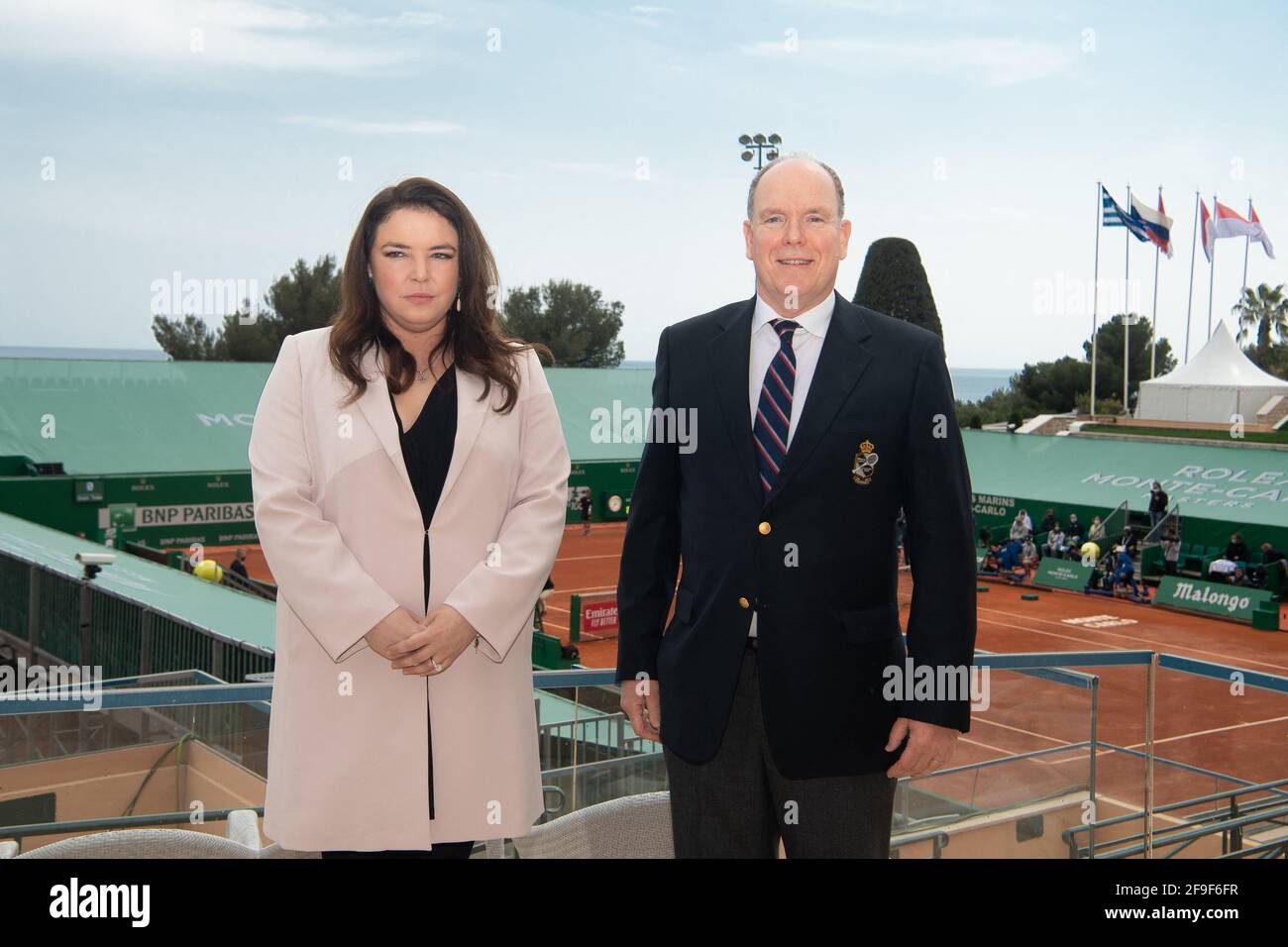 Prince Albert II of Monaco and Melanie-Antoinette Costello de Massy,  President of the Monegasque Tennis Federation attend the men's singles  final during the Rolex Monte-Carlo Masters at Monte-Carlo Country Club on  April