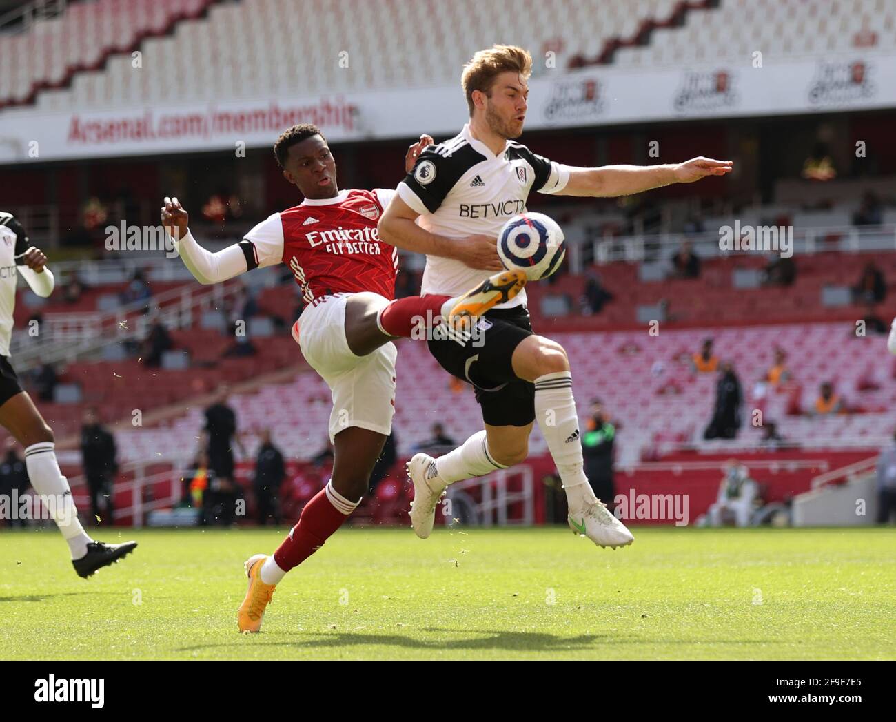 London, UK. 18th Apr, 2021. Eddie Nketiah of Arsenalstretches to make contact during the Premier League match at the Emirates Stadium, London. Picture credit should read: David Klein/Sportimage Credit: Sportimage/Alamy Live News Stock Photo