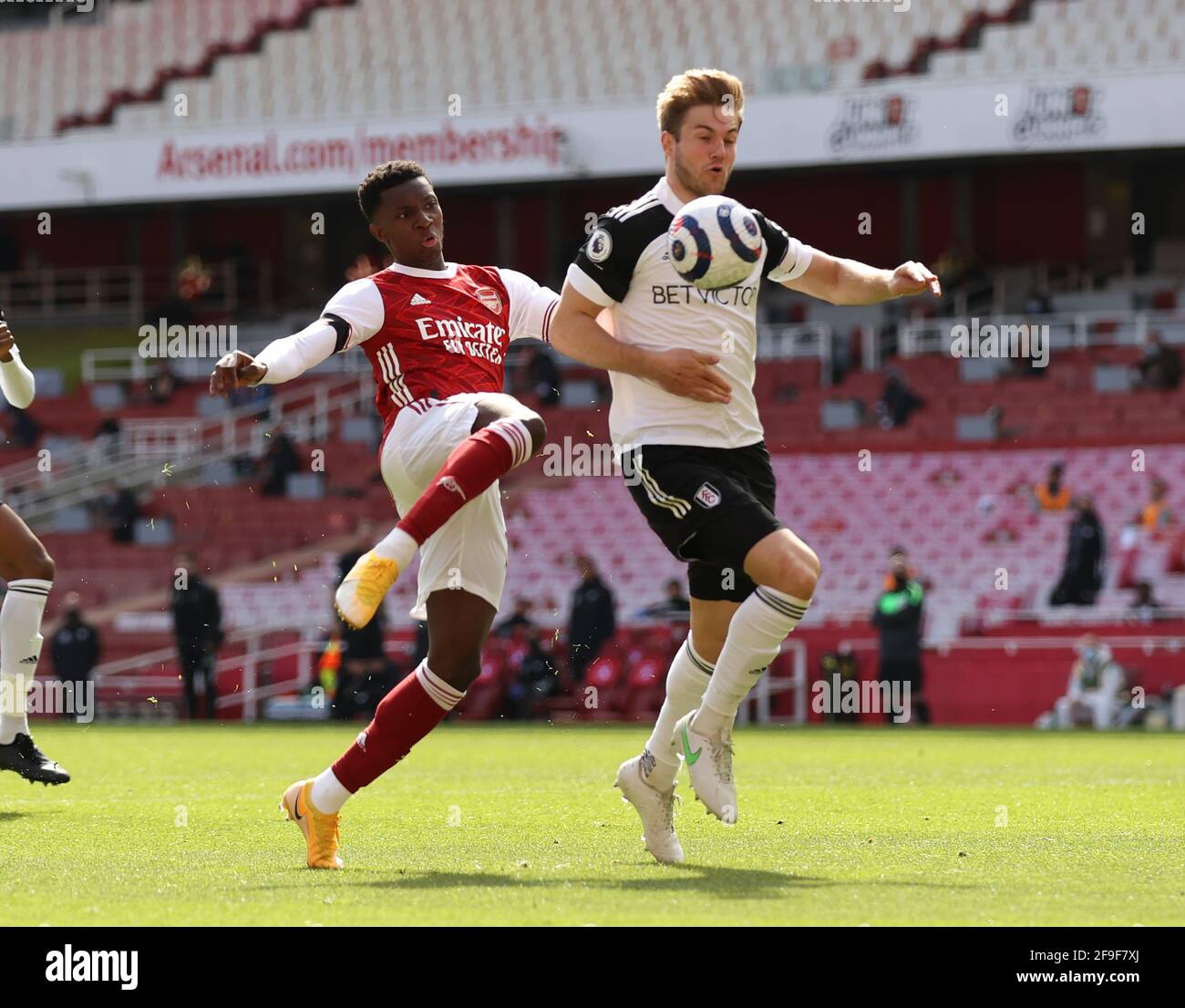 London, UK. 18th Apr, 2021. Eddie Nketiah of Arsenalstretches to make contact during the Premier League match at the Emirates Stadium, London. Picture credit should read: David Klein/Sportimage Credit: Sportimage/Alamy Live News Stock Photo