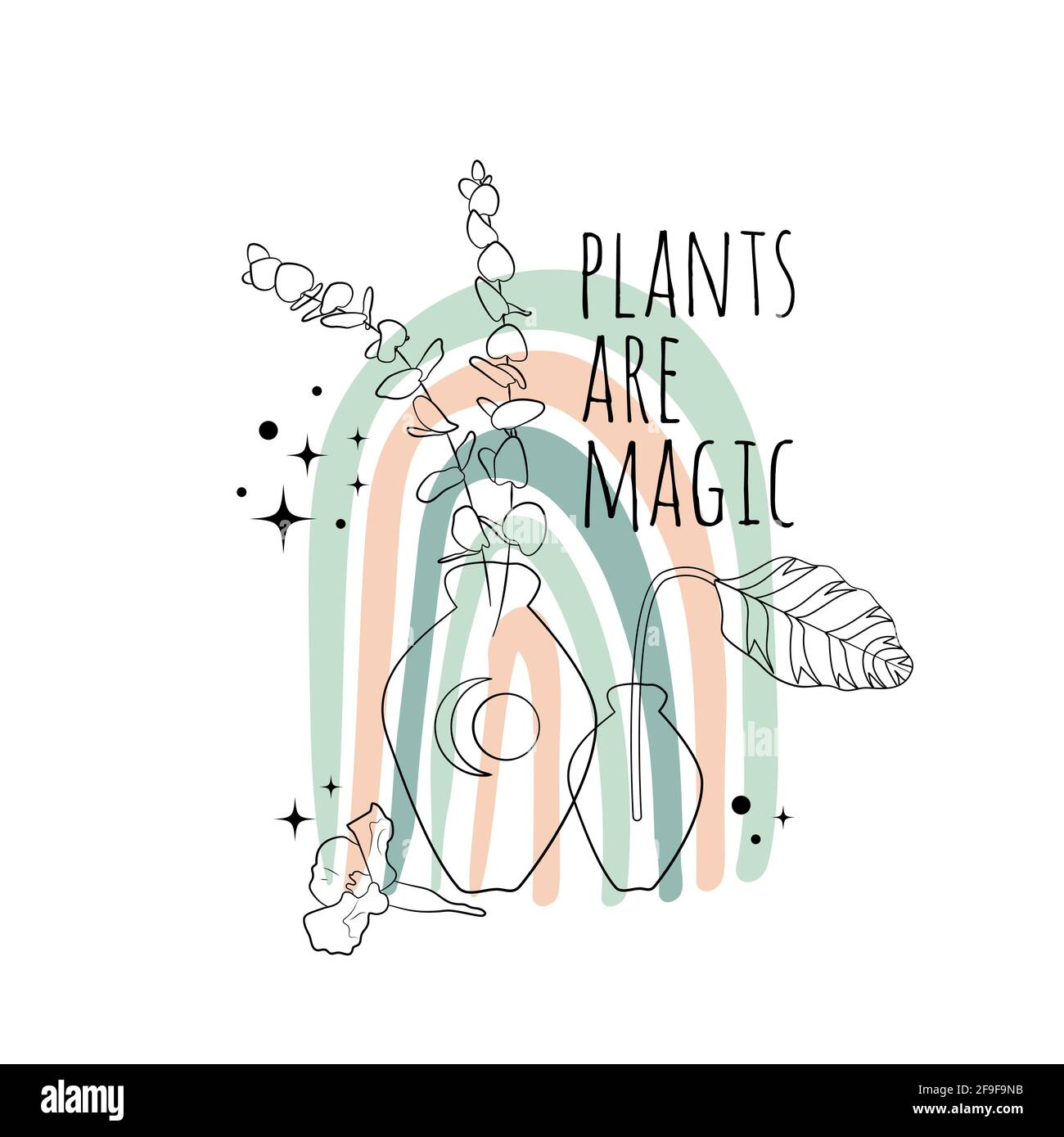 Minimalist inspirational quote plants are magic with black line art eucalyptus in a vase and abstract boho rainbow background Stock Vector