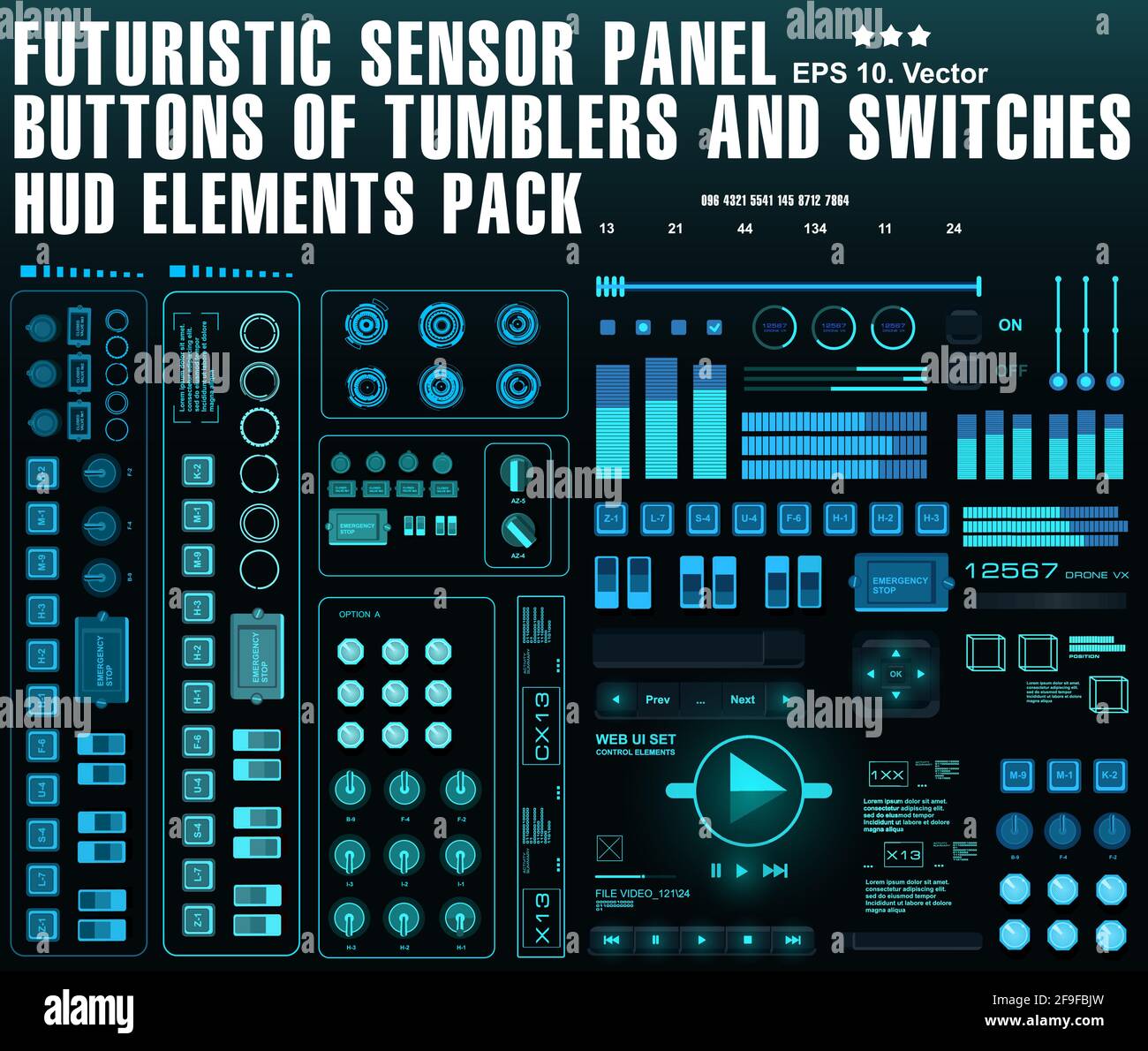 Futuristic sensor panel. Buttons of tumblers and switches. Stock Vector