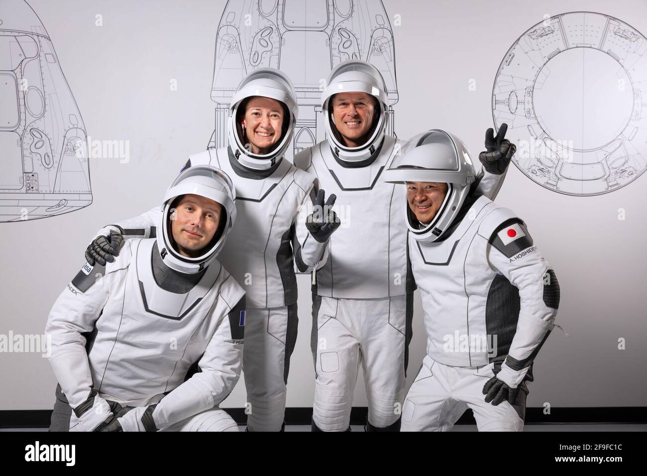 Kennedy Space Center in Florida, USA. 18th April, 2021. Hawthorne, United States. 18th Apr, 2021. The crew for the second long-duration SpaceX Crew Dragon mission to the International Space Station, NASA's SpaceX Crew-2, are pictured during a training session at the SpaceX training facility in Hawthorne, California. From left are, Mission Specialist Thomas Pesquet of the ESA (European Space Agency); Pilot Megan McArthur of NASA; Commander Shane Kimbrough of NASA; and Mission Specialist Akihiko Hoshide of the Japan Aerospace Exploration Agency. Credit: UPI/Alamy Live News Stock Photo
