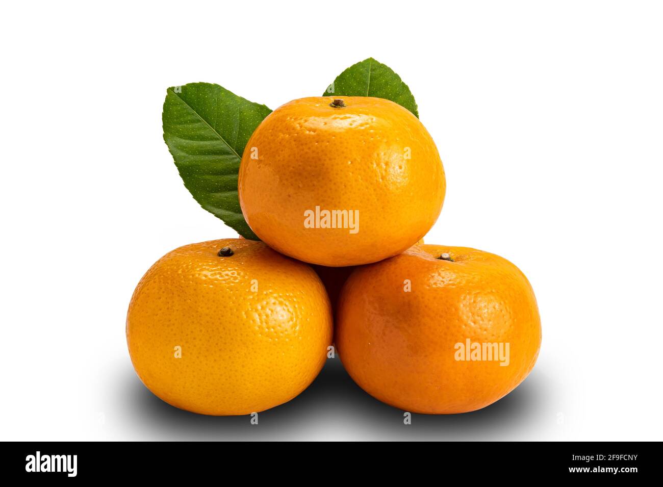 Closeup view of ripe Mandarin oranges with leaves on white background with clipping path. Mandarin orange is sweet, full of fiber and vitamin c. Stock Photo