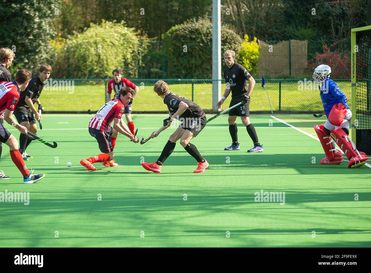Illustration picture shows a hockey game between Royal Racing Club Brussels and Royal Leopold Club, Sunday 18 April 2021 in Brussels, in the Top 8 A g Stock Photo