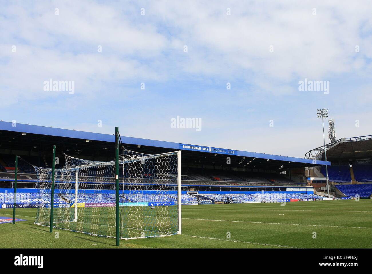 General view of inside the St. Andrew's stadium, home of Birmingham city FC and temporary home of Coventry city prior to kick off. EFL Skybet Championship match, Coventry city v Barnsley at St Andrew's Stadium in Birmingham, Midlands on Sunday 18th April 2021. this image may only be used for Editorial purposes. Editorial use only, license required for commercial use. No use in betting, games or a single club/league/player publications. pic by Steffan Bowen/Andrew Orchard sports photography/Alamy Live news Stock Photo