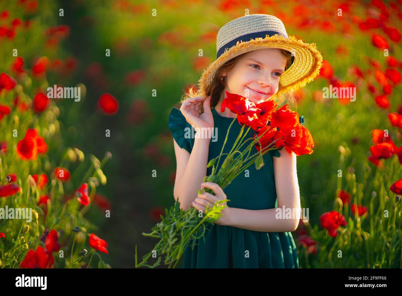 beautiful girl in poppy field enjoys the beauty and aromas Stock Photo ...