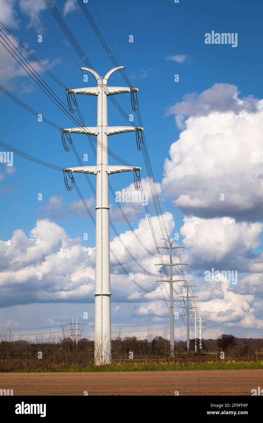 near Isselburg in Muensterland, 380 kV power lines run over solid wall pylons, it is a pilot project of the transmission system operator Amprion, Nort Stock Photo