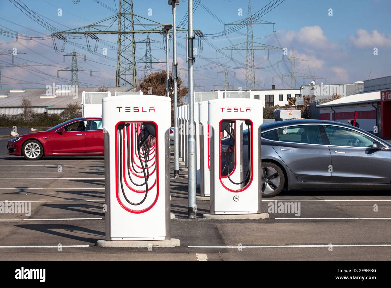Supercharger charging station for Tesla electric vehicles, Tesla Model S,  Frechen, North Rhine-Westphalia, Germany. Supercharger Ladestation fuer Tes  Stock Photo - Alamy