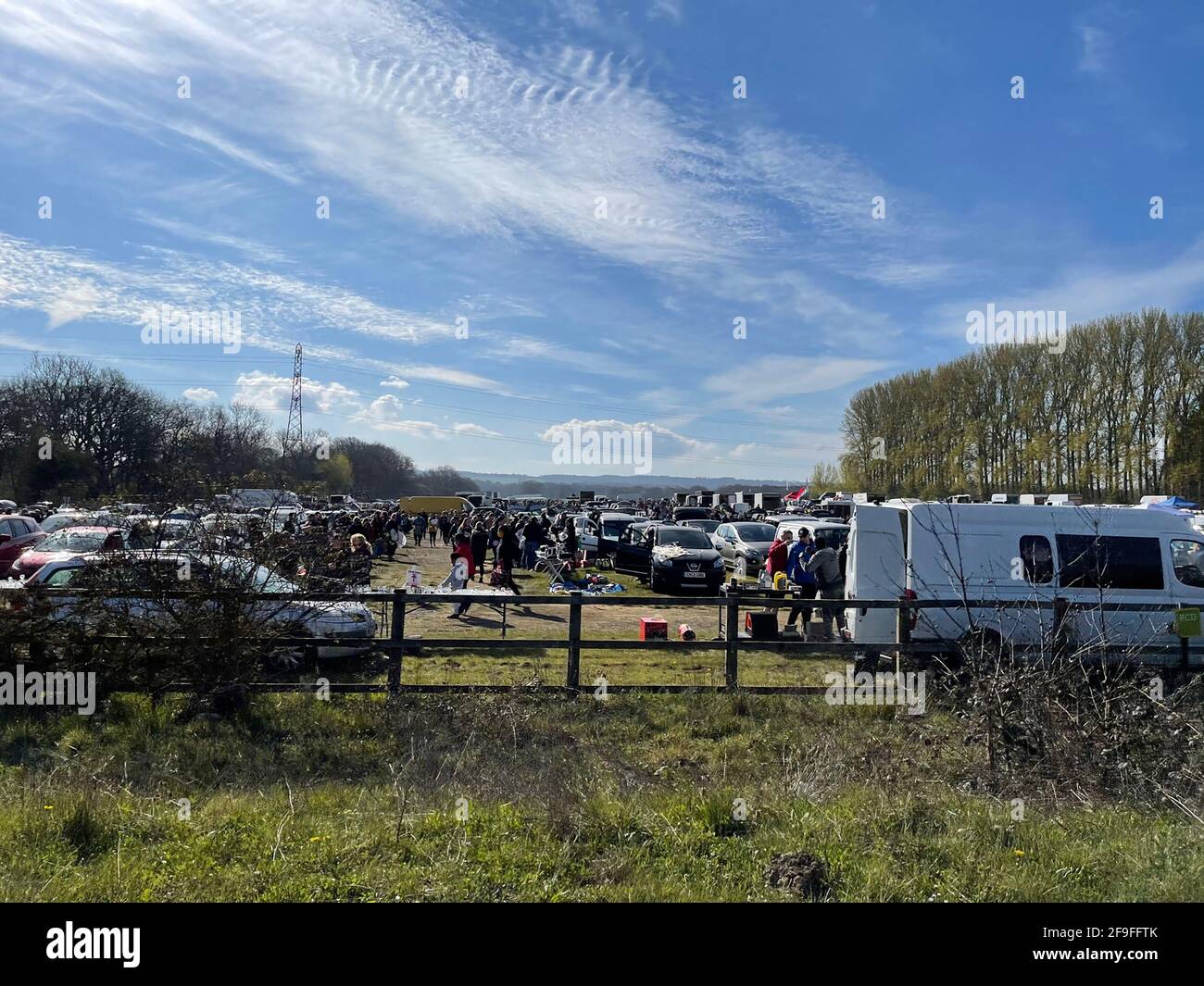 Hampton Court, UK. 18th Apr, 2021. Boot sales open on sunny day as non essential businesses allowed to open after lockdown. Credit: JOHNNY ARMSTEAD/Alamy Live News Stock Photo
