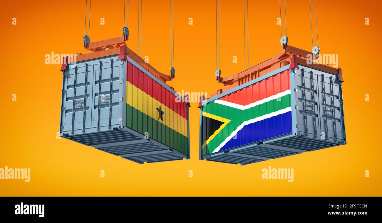 Freight containers with Ghana and South Africa national flags. 3D