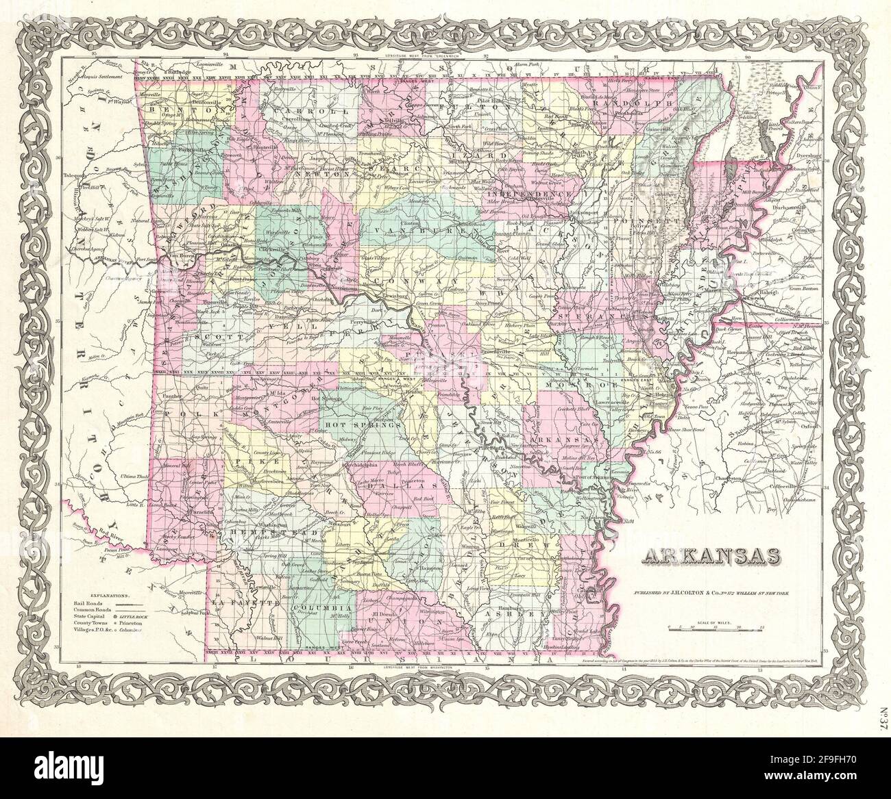 Beautiful vintage hand drawn Colton's map of Arkansas from 1860 with