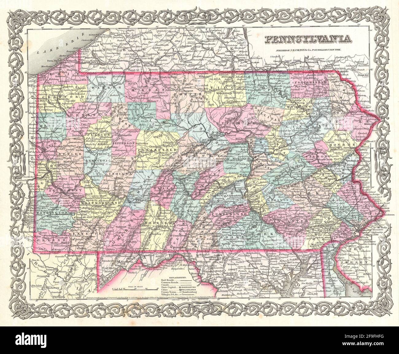 Beautiful vintage hand drawn Colton's map of Pennsylvania from 1860 ...