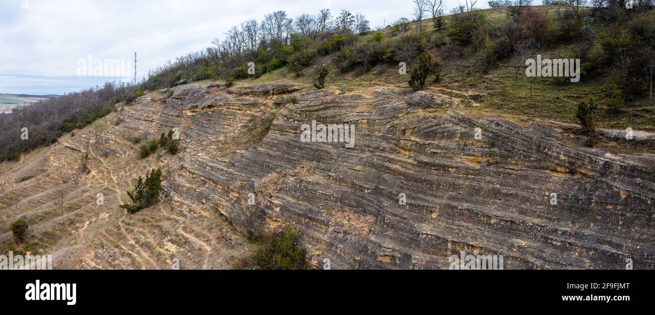 Kishartyán, Hungary - Aerial view about sandstone cave which located in the eastern part of Cserhát Mountains. Popular tourist destination. Hungarian Stock Photo