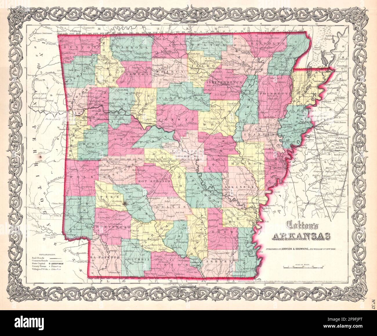 Beautiful vintage hand drawn Colton's map of Arkansas from 1860 with ...