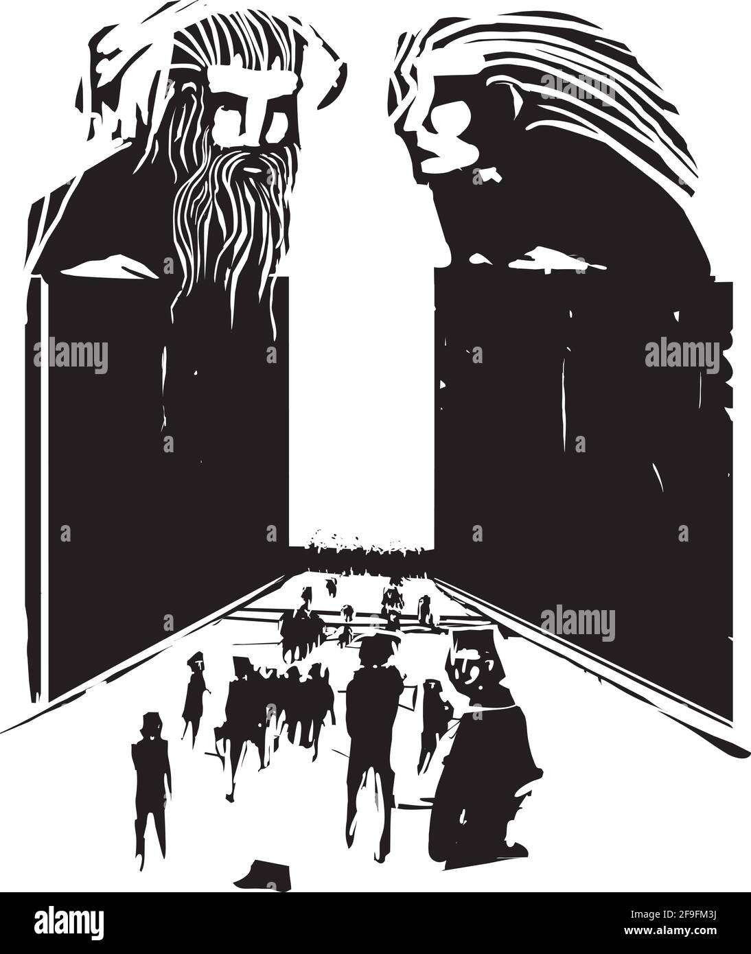 Woodcut expressionist style image of a crowd of people passing through an opening in a wall to the underworld watched by the greek goddess persephone Stock Vector