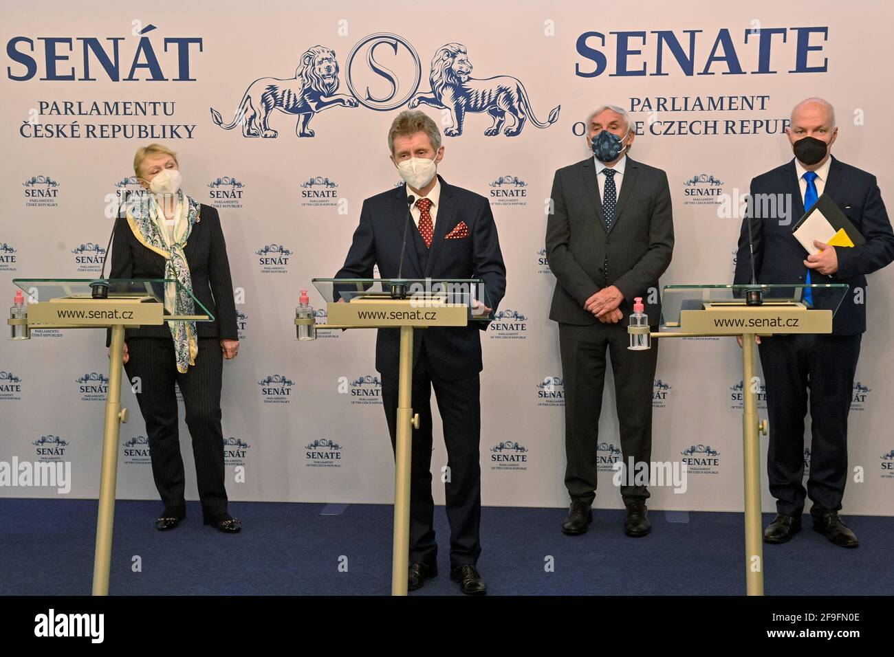 Prague, Czech Republic. 18th Apr, 2021. Senate leaders condemned the suspected involvement of Russian secret services in a Czech ammunition store blast in 2014 as an act of state terrorism, and Senate head Milos Vystrcil (2nd left) said PM Andrej Babis should initiate joint steps against the growth of Russian influence in NATO and the EU. 'We must get rid of the Russian influence penetrating Czech political, social and economic structures,' he said in Prague, Czech Republic, April 18, 2021. Credit: Vit Simanek/CTK Photo/Alamy Live News Stock Photo