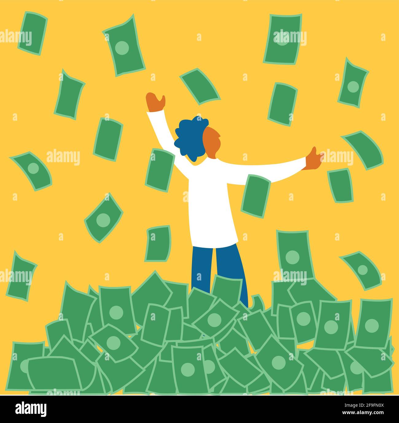 A man dancing and money falling from sky, this illustration shows financial stability of man and good fortune Stock Vector
