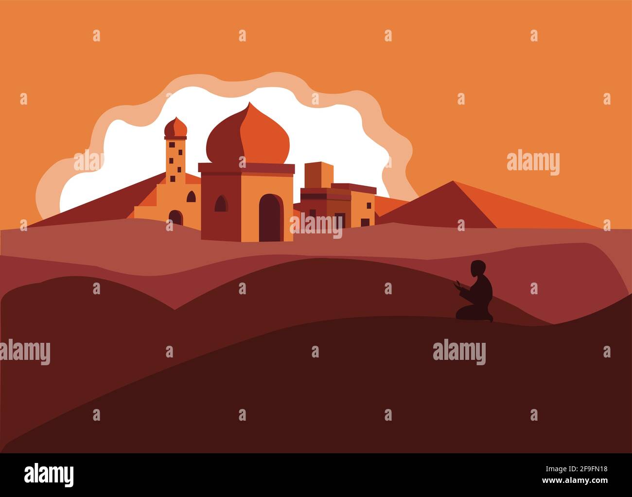 A Muslim man praying in front of mosque in desert. This illustration symbolizes the Ramadan month and everyday pray followed by Muslims. Stock Vector