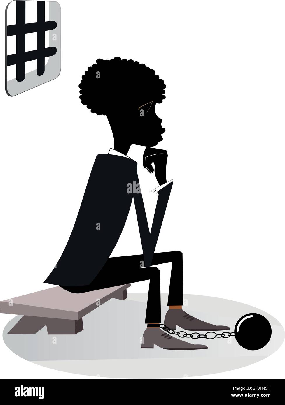 African man in the prison illustration. Sad prisoner African man in shackles is sitting on the bench under the grating window isolated on white Stock Vector
