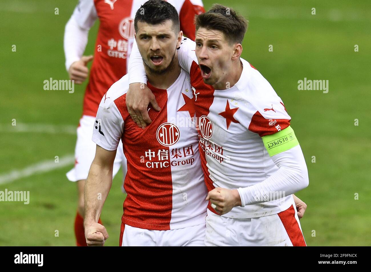 Liberec, Czech Republic. 18th Apr, 2021. Slavia Prague soccer player Ondrej Kudela (left) celebrates goal during the match SK Slavia Praha vs. Slovan Liberec in Liberec, Czech Republic, April 18, 2021. Credit: Radek Petrasek/CTK Photo/Alamy Live News Stock Photo