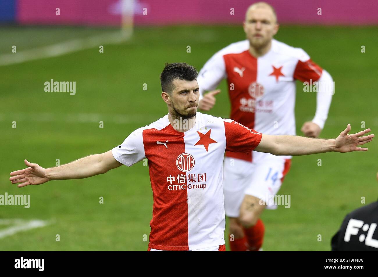 Liberec, Czech Republic. 18th Apr, 2021. Slavia Prague soccer player Ondrej Kudela celebrates goal during the match SK Slavia Praha vs. Slovan Liberec in Liberec, Czech Republic, April 18, 2021. Credit: Radek Petrasek/CTK Photo/Alamy Live News Stock Photo