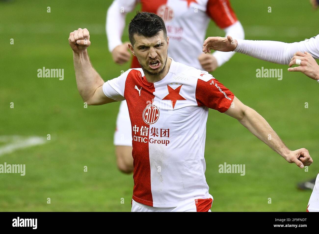 Liberec, Czech Republic. 18th Apr, 2021. Slavia Prague soccer player Ondrej Kudela celebrates goal during the match SK Slavia Praha vs. Slovan Liberec in Liberec, Czech Republic, April 18, 2021. Credit: Radek Petrasek/CTK Photo/Alamy Live News Stock Photo