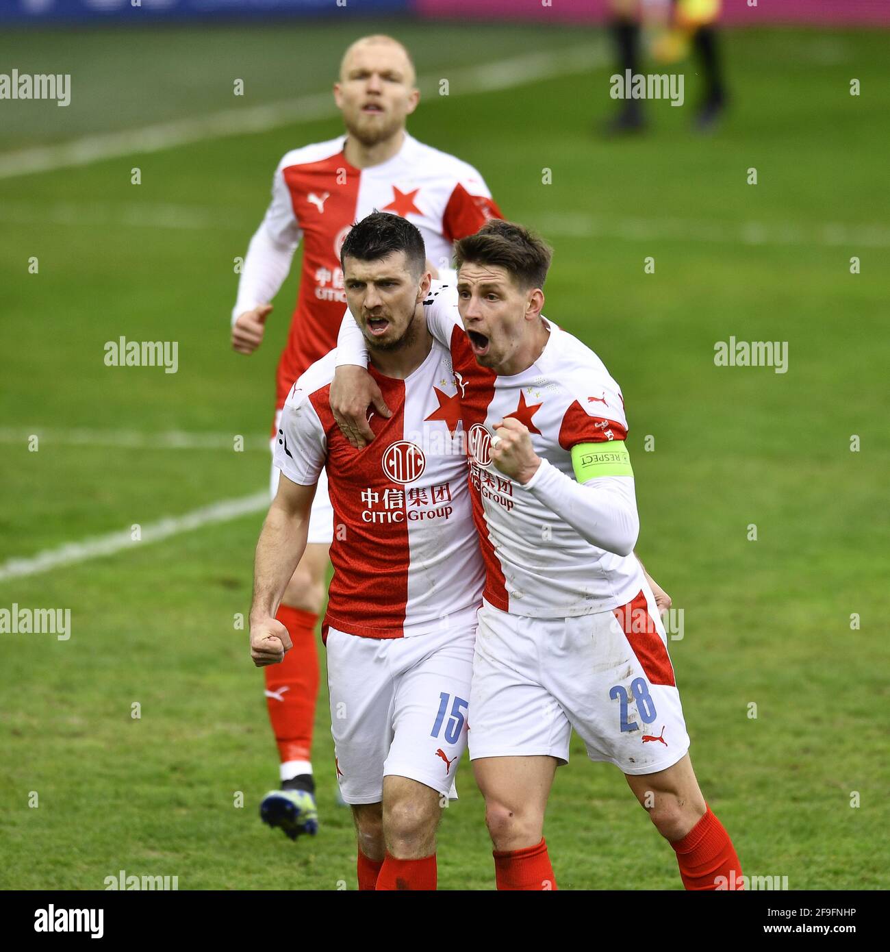 Liberec, Czech Republic. 18th Apr, 2021. Slavia Prague soccer player Ondrej Kudela (left) celebrates goal during the match SK Slavia Praha vs. Slovan Liberec in Liberec, Czech Republic, April 18, 2021. Credit: Radek Petrasek/CTK Photo/Alamy Live News Stock Photo