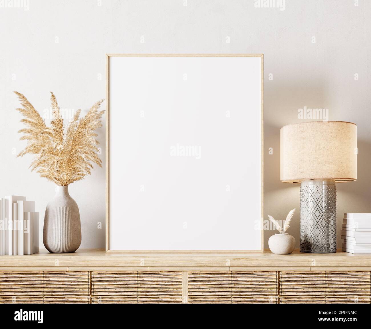 Modern interior design in natural colors with dry plants decoration and empty white mock up picture frame 3D Rendering, 3D Illustration Stock Photo