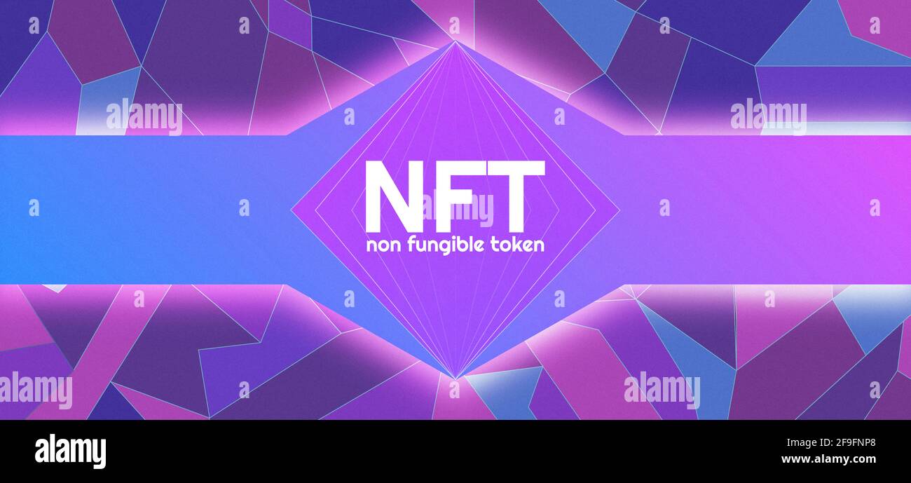 Non fungible token with diamond. Cryptoart concept illustration for non-fungible token. Digital art with blockchain technology. Can use for web banner Stock Photo