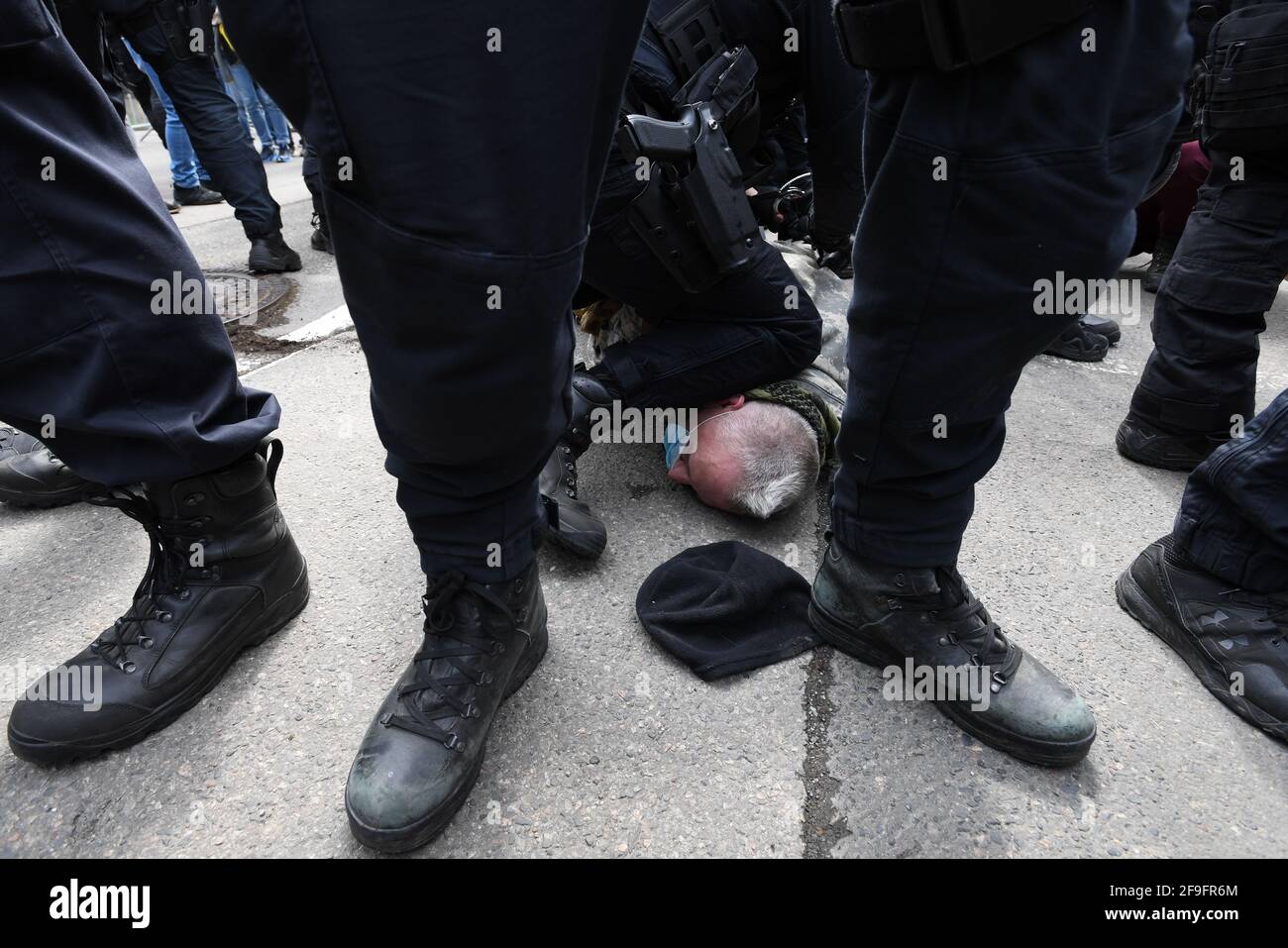 Prague, Czech Republic. 18th Apr, 2021. People protest outside the Russian Embassy in Prague, Czech Republic, April 18, 2021 against Putinist Russia and Russia's suspected involvement in an explosion in the Czech Vrbetice ammunition depot. Credit: Michaela Rihova/CTK Photo/Alamy Live News Stock Photo