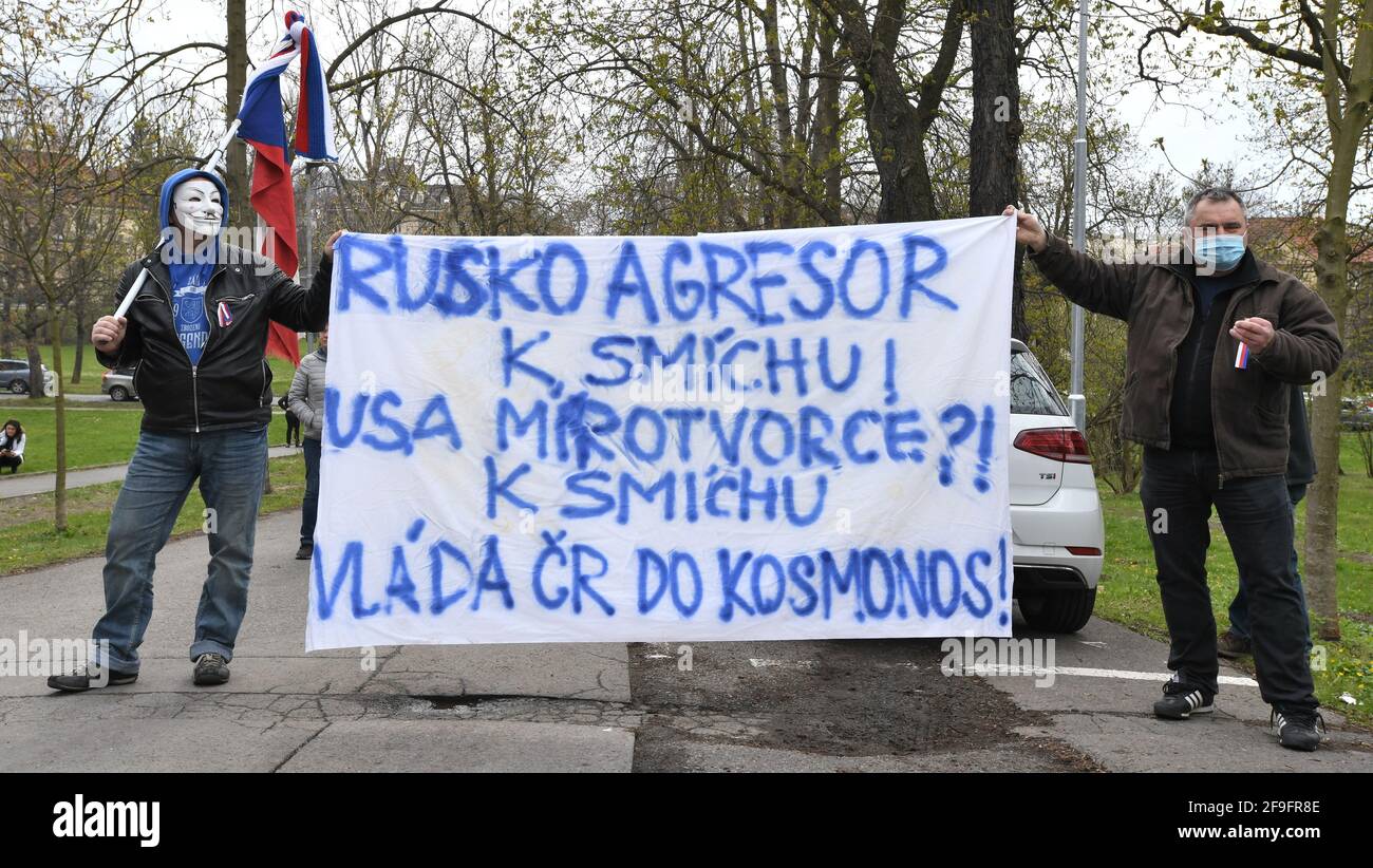 Prague, Czech Republic. 18th Apr, 2021. People protest outside the Russian Embassy in Prague, Czech Republic, April 18, 2021 against Putinist Russia and Russia's suspected involvement in an explosion in the Czech Vrbetice ammunition depot. Credit: Michaela Rihova/CTK Photo/Alamy Live News Stock Photo