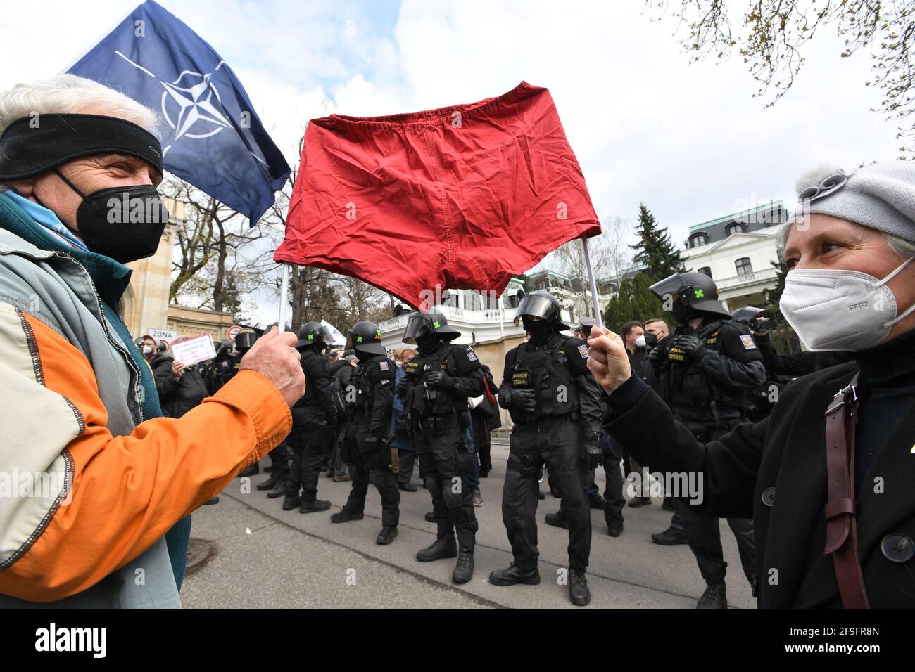 Prague, Czech Republic. 18th Apr, 2021. People protest outside the Russian Embassy in Prague, Czech Republic, April 18, 2021 against Putinist Russia and Russia's suspected involvement in an explosion in the Czech Vrbetice ammunition depot. Credit: Michaela Rihova/CTK Photo/Alamy Live News Stock Photo
