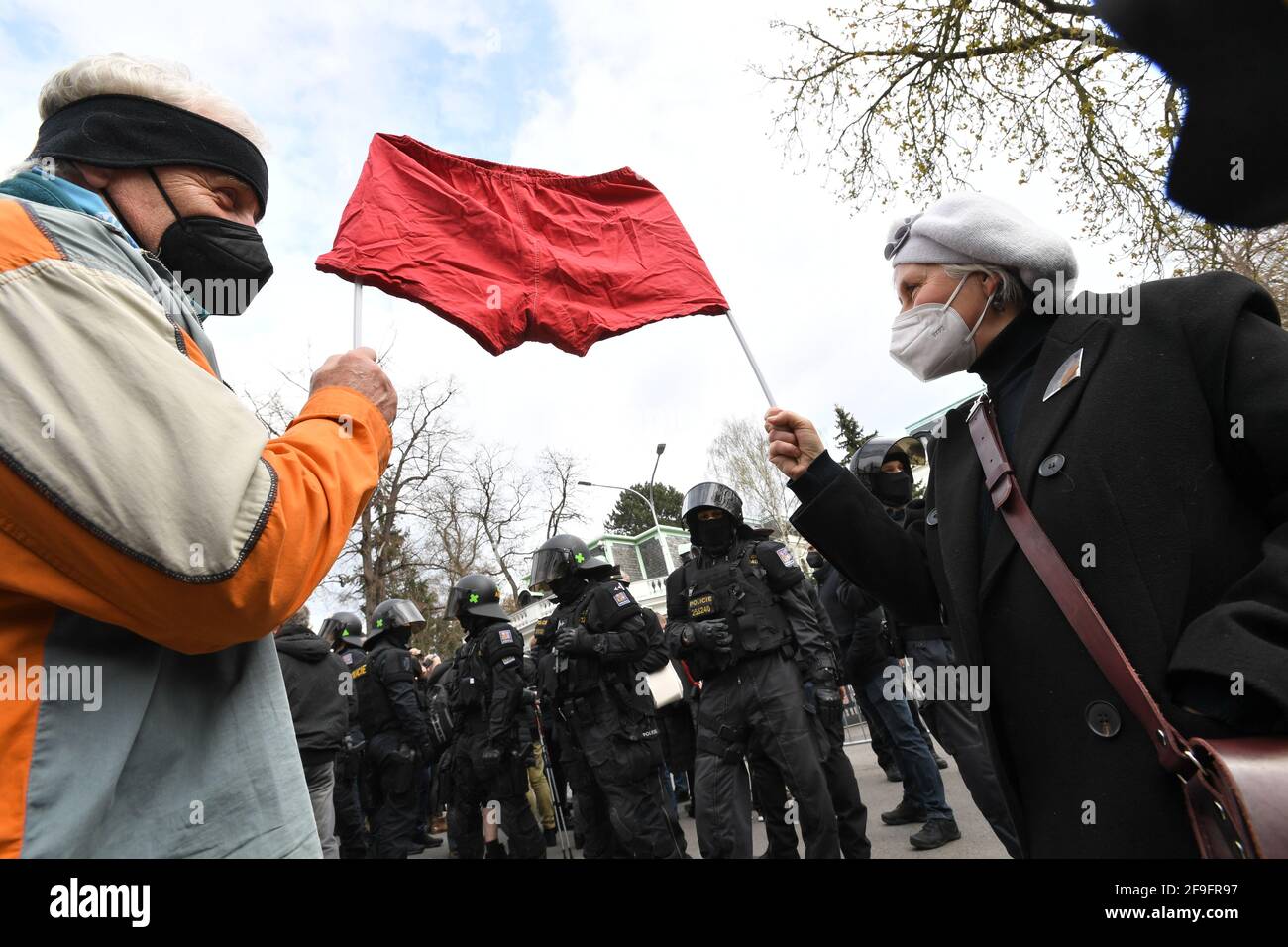 Prague, Czech Republic. 18th Apr, 2021. People protest outside the Russian Embassy in Prague, Czech Republic, April 18, 2021 against Putinist Russia and Russia's suspected involvement in an explosion in the Czech Vrbetice ammunition depot. Credit: Michaela Rihova/CTK Photo/Alamy Live News Stock Photo