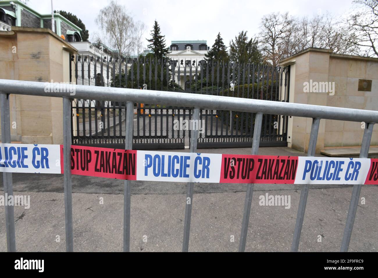 Czech police guards an area in front of the building of the Embassy of the Russian Federation in Prague, Czech Republic, on April 18, 2021. Russian secret service GRU members were involved in the explosion of the Czech ammunition store compound in Vrbetice, south Moravia, in 2014, Czech security forces have found out. In reaction, Czechia is expelling 18 members of the Russian embassy staff who were identified as members of Russian secret services. They have to leave Czechia in 48 hours, PM Andrej Babis and Deputy PM Jan Hamacek said on April 17. The night after the announcement of this inform Stock Photo