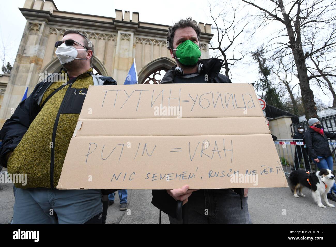 Prague, Czech Republic. 18th Apr, 2021. People protest outside the Russian Embassy in Prague, Czech Republic, April 18, 2021 against Putinist Russia and Russia's suspected involvement in an explosion in the Czech Vrbetice ammunition depot. Credit: Michaela Rihova/CTK Photo/Alamy Live News Stock Photo