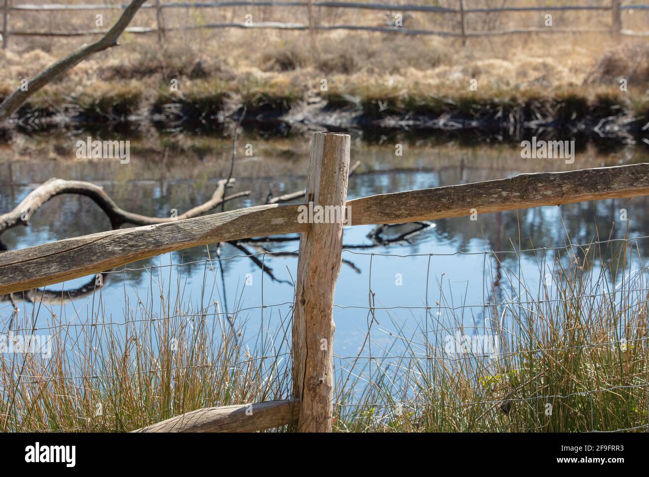 Fence in front of pond Stock Photo Alamy