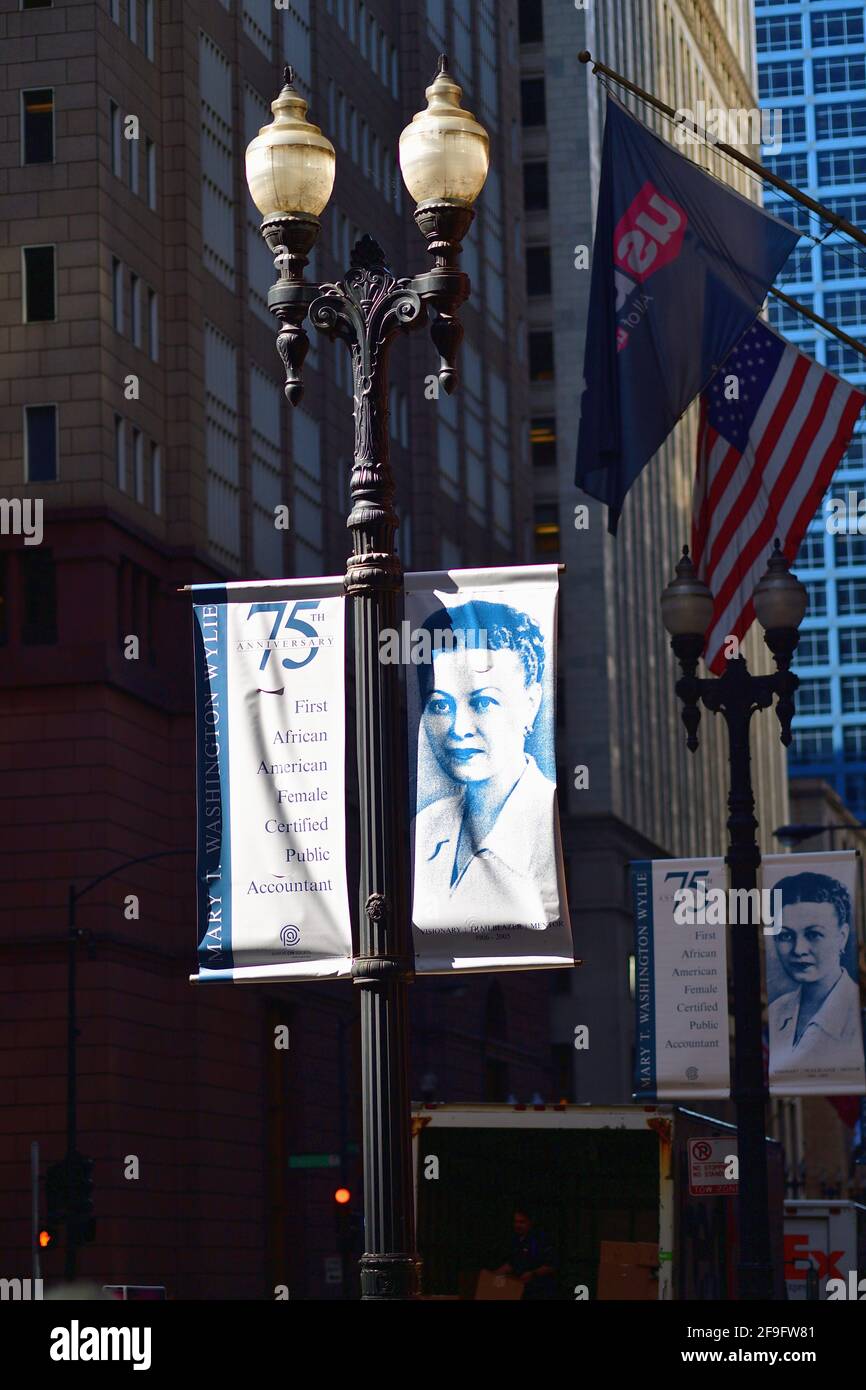 Chicago, Illinois, USA. Banners strung along LaSalle Street in honor of Mary T. Washington Wylie. Stock Photo